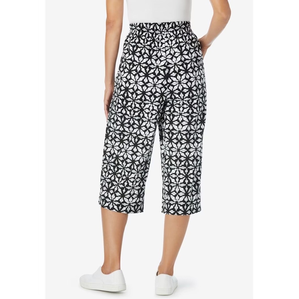 Woman Within Black White Geometric Print Smocked Culottes Crop Pants 14/16 M